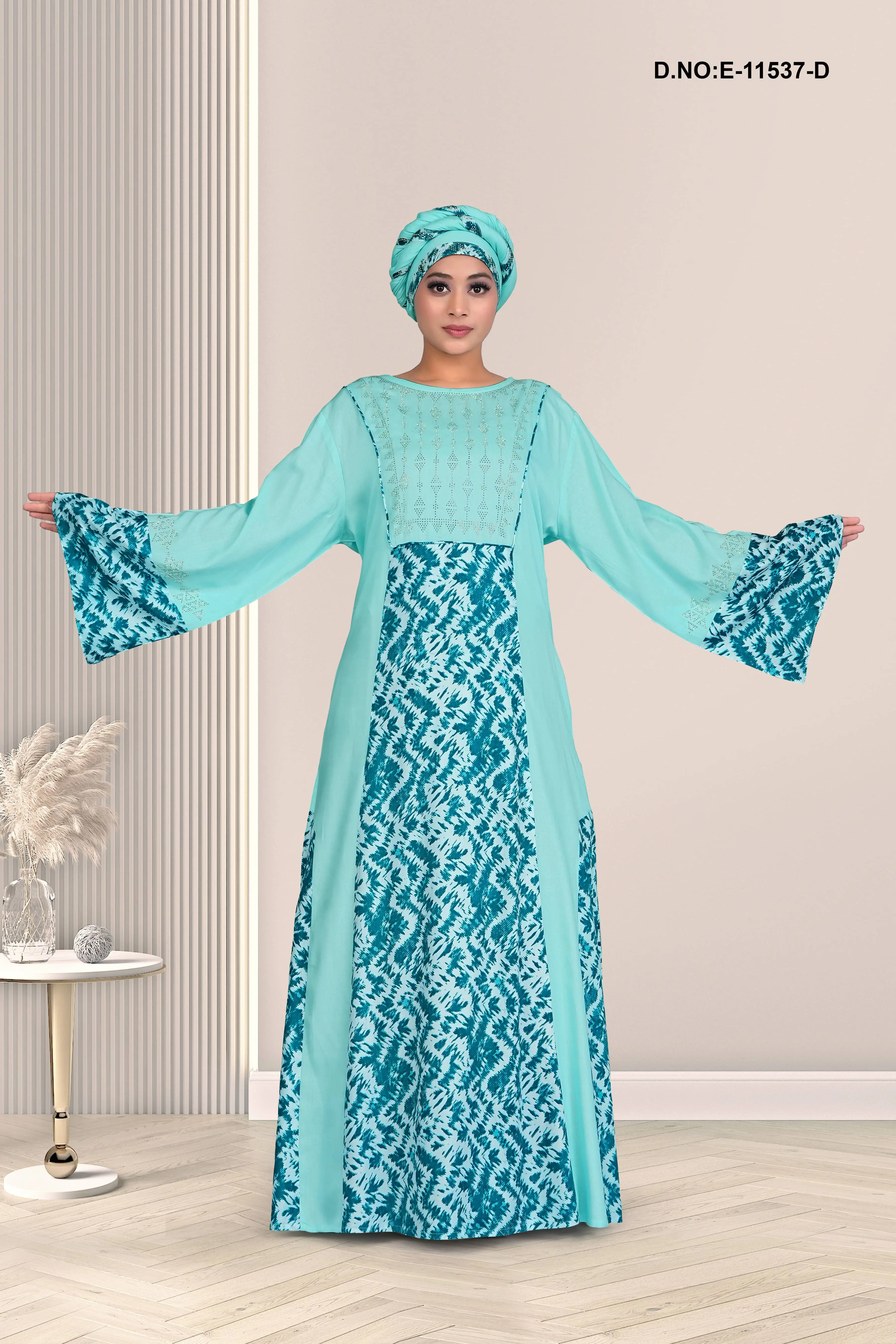 Aqua Blue Printed Embroidered Kaftan